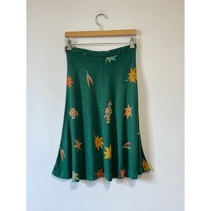 Vintage 70s Green Leaf Print A Line Flare Midi Skirt Knit Elastic Waist 28"
